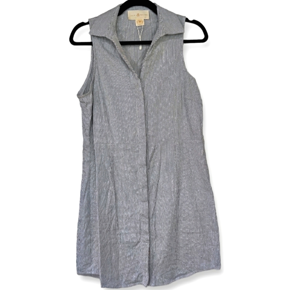 Julie Brown Dress, Collared Blue and White Striped Shimmer Shirt Dress, Size 10